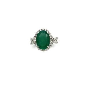 Large Oval Green Onyx & White Zircon Sterling Silver Ring, Size 6